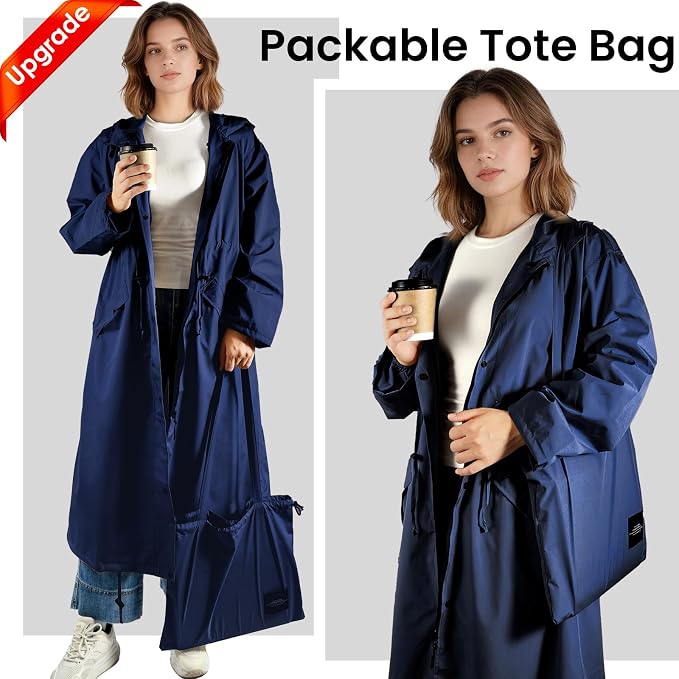 LAMA Womens Long Raincoats Rain Jacket Waterproof Packable Hooded Windbreaker Lightweight Adjustable Waist for Outdoor