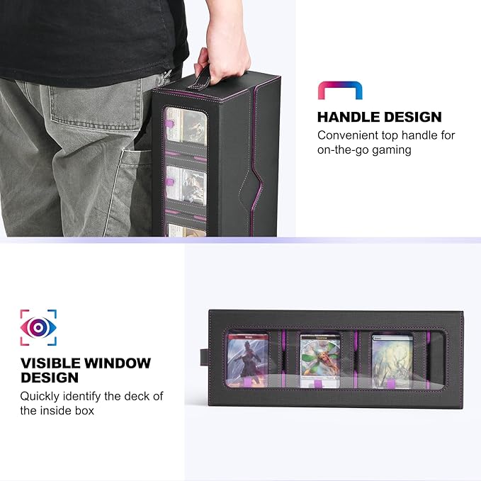 UAONO Commander Deck Box for MTG, 6-Deck Modular Card Case with Dice Tray Holds 600+ Double-sleeved Cards, Removable Trading Cards Storage Box with 35PT Magnetic Card Holders for TCG, Black Purple
