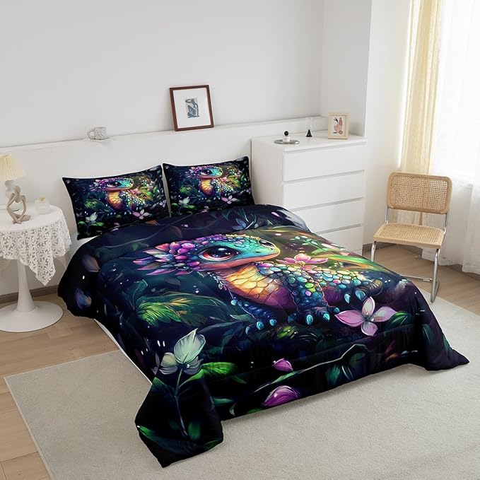Feelyou Dragon Comforter Set Toddler Size Dragon Stuff Comforter for Boys Girls Teens Wild Life Bedding Set Flower and Grass Duvet Set Room Decor Balck Green Quilt Set