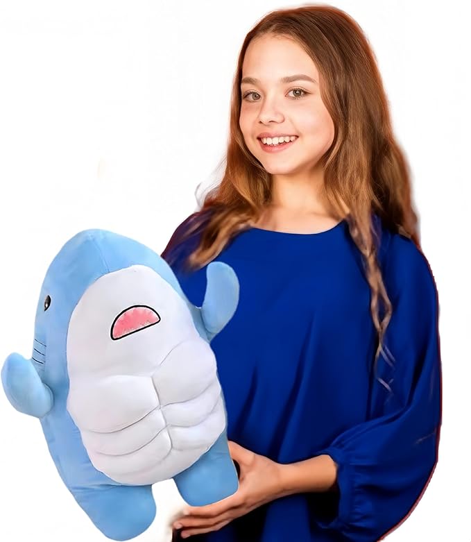 Muscle Shark Stuffed Animal - Cute 3D Muscle Shark Pillow Plush Toy，Gifts for Kids - 13.8inches（Blue）