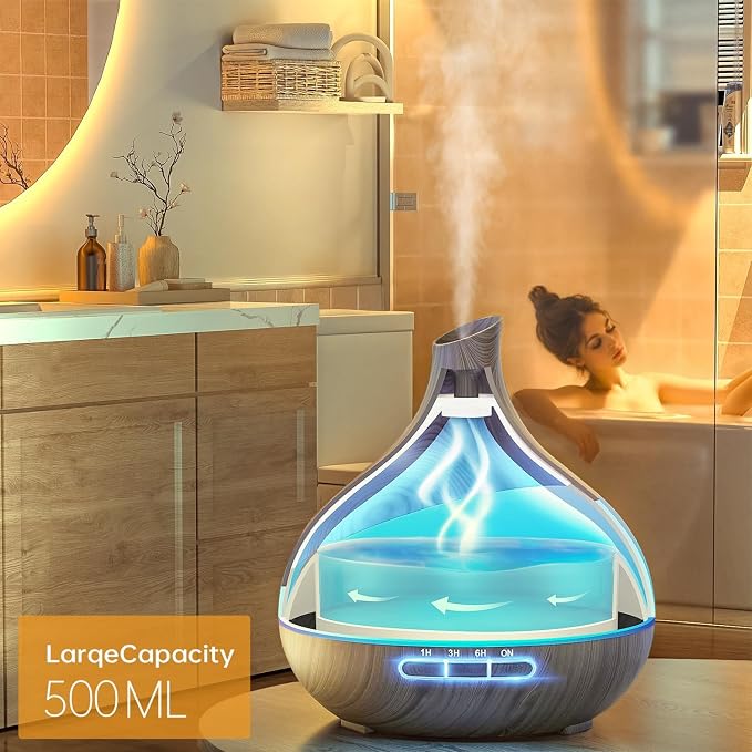 HJTHJT Essential Oil Diffuser for Home, 500ml Aromatherapy Diffuser:14-Color LED, Dual Mist Modes, Ultrasonic, Remote Control, Quiet Humidifier