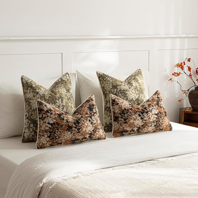 Pack of 2 Vintage Floral Pillow Covers 12x20 Boho Farmhouse Accents Chenille Rectangular Lumbar Decorative Throw Pillow Cases for Living Room Couch Bed Home Decor, Cognac