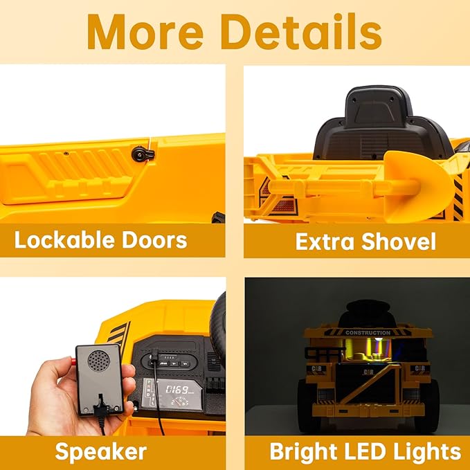 POSTACK 12 Volt Kids Ride on Toy, Ride on Construction Vehicle with 2 Powerful Motors, 1 Seater Kids Electric Car with Remote Control and Shovel,Bluetooth, Music,3 Speeds, Yellow