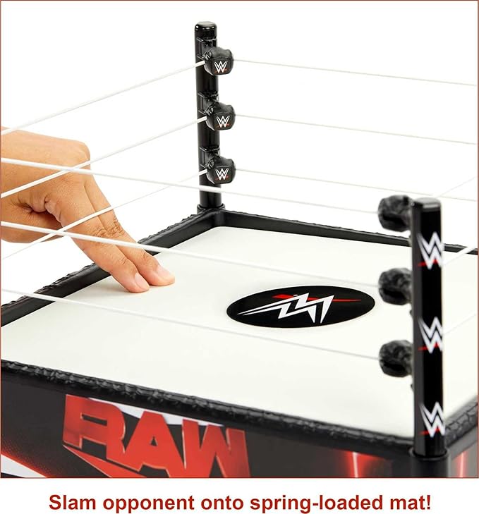 Mattel WWE Superstar Ring, 14 inches with Spring-Loaded Mat, 4 Event Apron Stickers & Pro-Tension Ropes for WWE 6-inch Action Figures