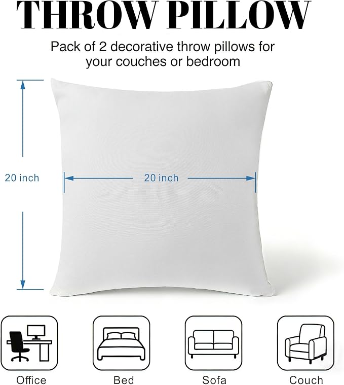 Water Resistant Polyester Pillow Inserts with Plush Dot Cover | Pack of 2 Square Form Indoor Decorative Pillow, Bed and Couch Pillows, 20 x 20 Inches, Sage