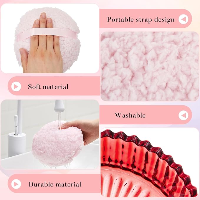 Tioncy 2 Pcs Extra Large Dusting Powder Puff and Container for Women-6'' Glass Crystal Dusting Powder Container with Body Soft Washable Reusable Velour Face(Red,Classic)