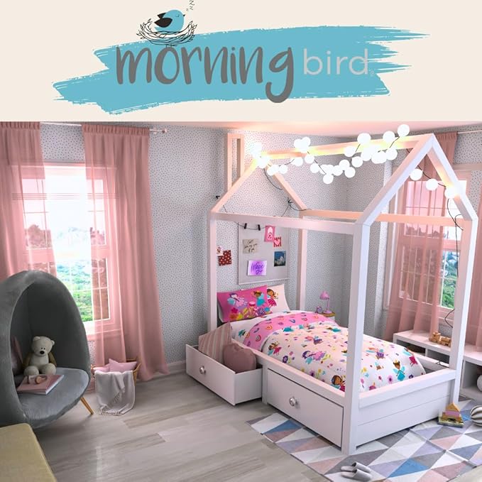 Morning Bird Princess Fairy Kids Bedding Super Soft & Cozy Reversible Microfiber Comforter and Sheet Set with Sham, 5 Piece Twin Size, By Franco