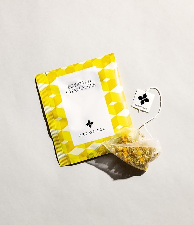 Art of Tea Organic Egyptian Chamomile Tea Bags 50 Count, Premium Whole Leaf Herbal Tea, Naturally Caffeine Free Tea, Pyramid Sachets, Organic Chamomile Tea for Bedtime