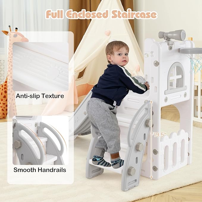 BABY JOY Toddler Slide, 6-in-1 Indoor Kids Slide Playset with Basketball Hoop, Telescope, Climbing Ladder & Storage Space, Freestanding Playhouse & Climber for Kids Aged 1-3 (Gray)
