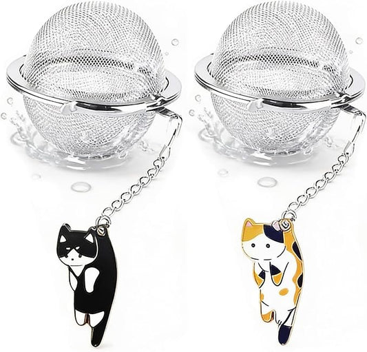 Cat Tea Infuser, 2 Pcs Cute Tea Diffuser Stainless Steel Mesh Loose Leaf Tea Infusers Tea Ball Strainers with Cat Pendants (Black&Orange Cats)
