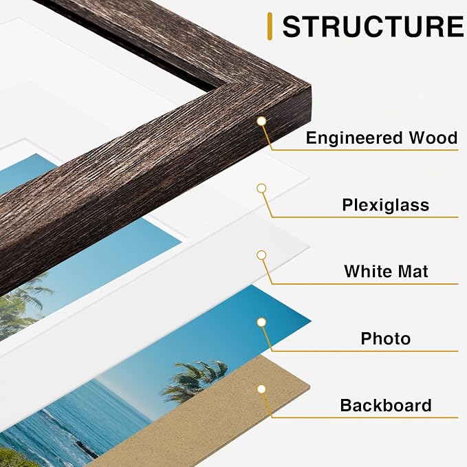 Vittanly 8x10 Picture Frames Set of 9, Wall & Tabletop, Distressed Walnut | Display Pictures 5x7 with Mat or 8x10 without Mat, Small Photo Frames, Engineered Wood with Shatter Resistant Plexiglass