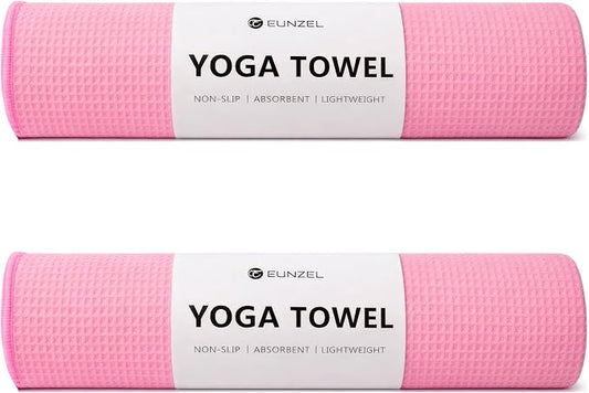 Eunzel 2 Pack Hot Yoga Towel, Non-Slip Yoga Mat Towel with Grip Dots Stickyfiber Sweat Absorbent Towel for Hot Yoga, Pilates and Workout 72" x 24", Pink