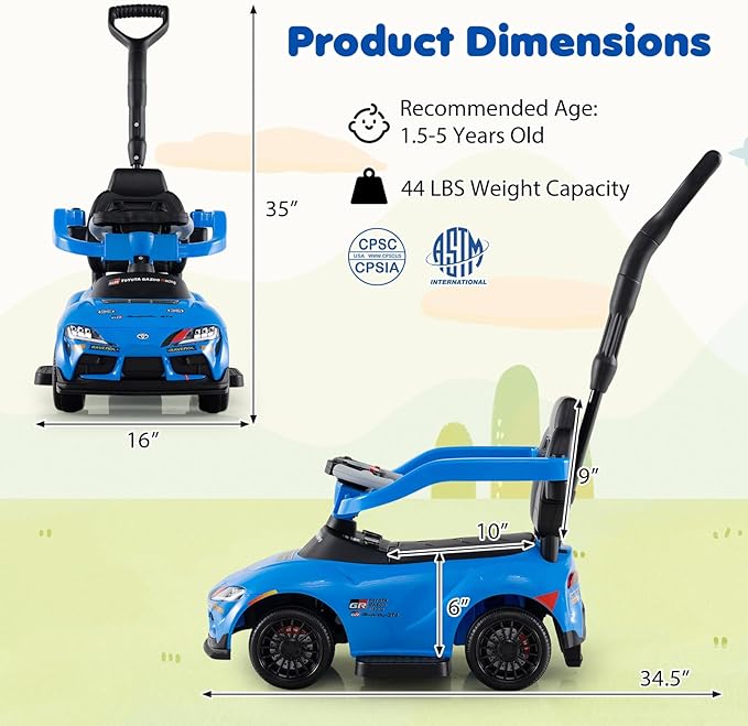Costzon Push Car for Toddlers, 3 in 1 Toyota Licensed Stroller Sliding Walking Car w/Handle, Music, Safety Guardrail, Under-Seat Storage, Foot-to-Floor Kids Ride On Toys for Boys Girls (Blue)