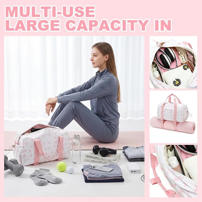 LEDAOU Small Gym Bag for Women, Mini Duffle Bag with Yoga Mat Holder Lightweight Carry On Sports Bag with Separate Shoe Pocket and Wet Pocket Duffel Bags Dance Yoga Workout Bag