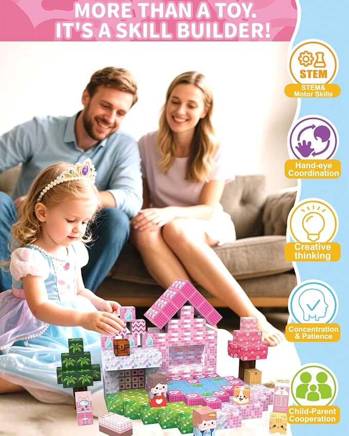 Magnetic Blocks Large 1 Inch 220 PCS, Super Strong Magnets, Magnetic Building Cubes for Girls, Pink Dream House STEM Educational Construction Kit for Kids Ages 3-5, 4-8, 8-12 | Ideal Gift
