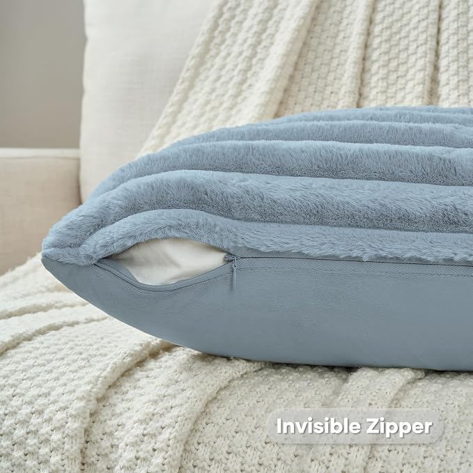 FUTEI Pack of 2 Faux Fur Throw Pillow Covers 18x18 Inch, Dusty Blue | Fluffy Faux Rabbit Fur Front/Premium Velvet Back,Hidden Zipper,Machine Washable,Non-Shedding,Colorfast,Insert Not Included.