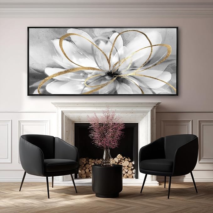 Grey Home Wall Decor Modern Canvas Prints White Flower Framed Wall Art 32"x70" Large Artwork for Living Room Pictures for Office