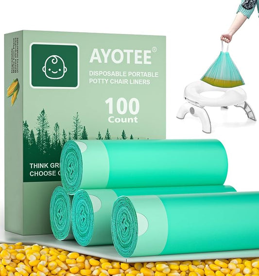 Compostable Travel Potty Bags for Portable Toilet 100Packs, AYOTEE Drawstring Travel Potty Liners for Portable Potty,Potty Chair Liners Disposable for Toddlers, Pet and Outdoors