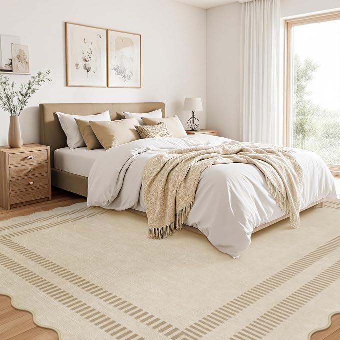 8x10 Area Rugs, Scalloped Grey Modern Living Room Rug, Solid Khaki Machine Washable Rug Non-Slip, Soft Lightweight Carpet for Bedroom Playroom Dining Room