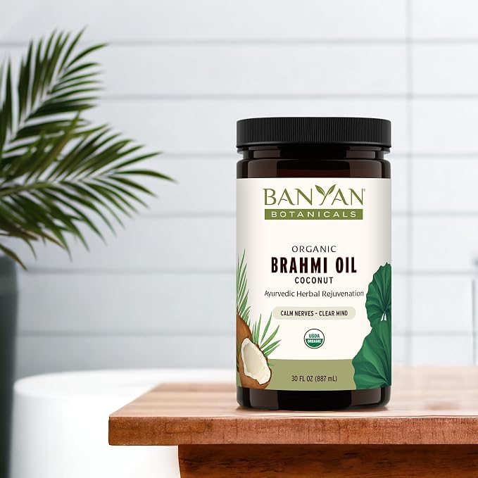 Banyan Botanicals Brahmi Oil in Coconut Base – Organic Ayurvedic Massage Oil with Gotu Kola and Bacopa ­­– Calming Massage Oil for Focus & Relaxation – 30 oz – Non GMO Sustainably Sourced Abhyanga Oil