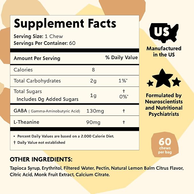 PYM Citrus Mood Chews Support for Stress, Worry & Overwhelm, 60 Count | 130mg GABA, 90mg L-Theanine | Vegan,Non-GMO, Gluten-Free,No Added Sugar | All-Natural Mood Support Supplement in Resealable Bag
