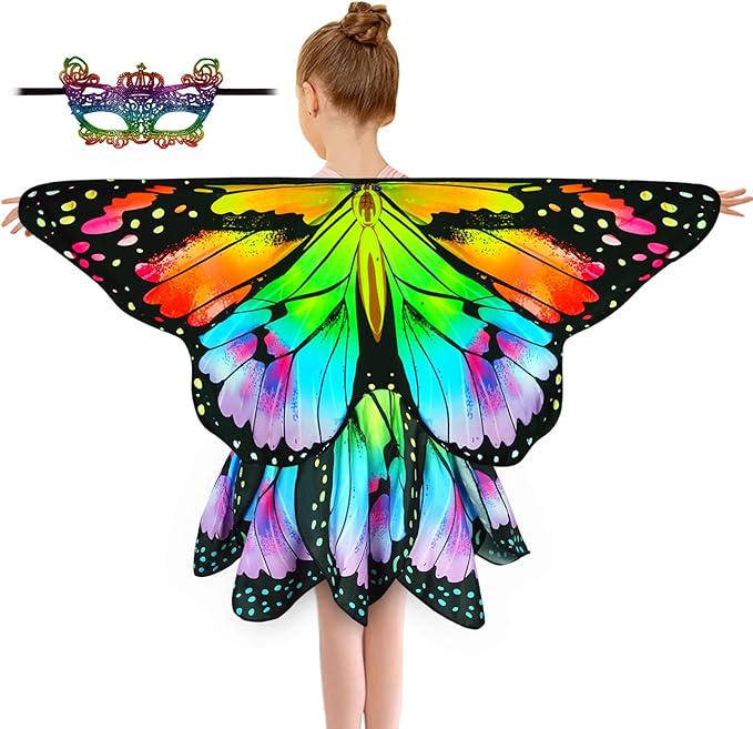 Kids Butterfly Wings Costume for Girls Fairy-Wings Mask Party Favors Gifts (Rainbow+Skirt Sets)
