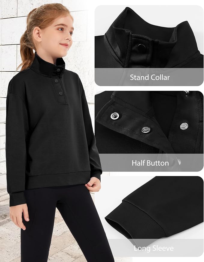 Girls Long Sleeve Collared Shirt Button Down Mock Neck Sweatshirt Athletic Cycling Clothing for Kids 5-14Years