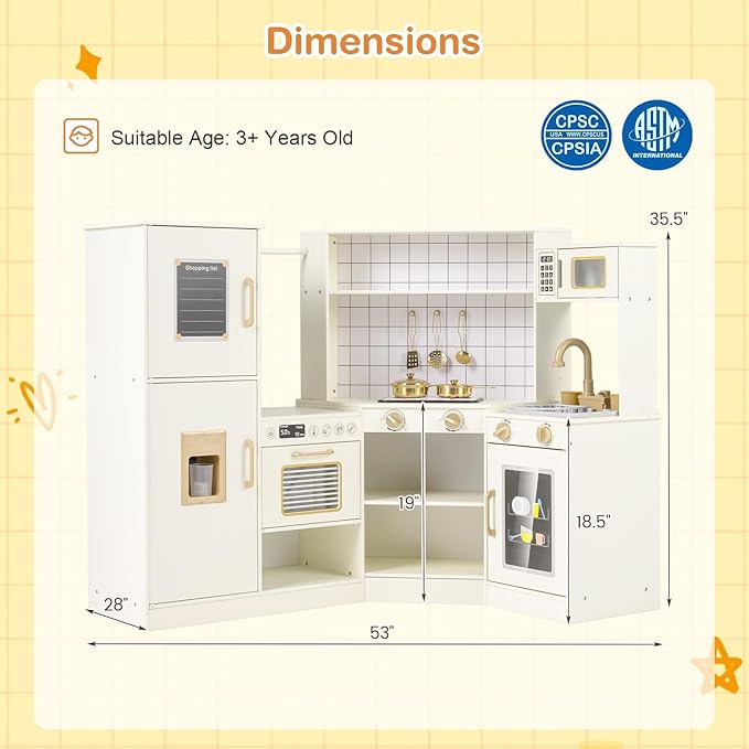 Costzon Kids Corner Play Kitchen, Pretend Play Kitchen Set w/Ice Dispenser, Stoves, Oven, Microwave, Dishwasher, Water Faucet & Accessories, Wooden Toy Kitchen Playset for Boys & Girls 3+