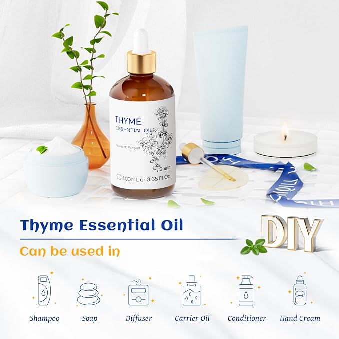 HIQILI Thyme Essential Oil for Skin Flare Care, DIY Spray, Diffuser | With 10ml Travel Dropper Bottle, Aromatherapy Diffuser, Hair, Skin Care & DIY Fragrance - 100ml / 3.38 Fl Oz