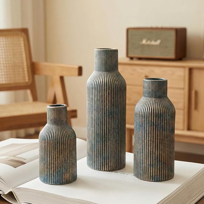 Vintage Blue Ceramic Flower Vases Set of 3, Modern Matte Vertical Ribbed, Nordic Minimalist Decor for Pampas Dried & Fresh Flowers, Centerpiece for Living Room, Shelf, Entryway, Wedding