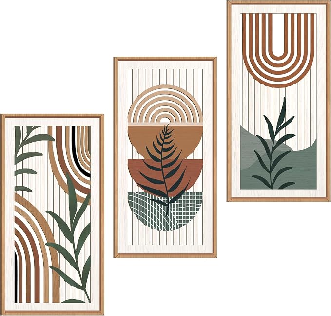 IARTTOP Boho Wood Wall Art Framed 8x16 Inch Set of 3 Mid-century Modern Abstract Wooden Wall Decor Minimalist Plant Artwork for Living room Bedroom Office