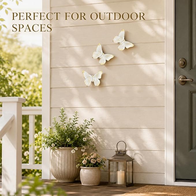 GUSFREUD 3D Butterfly Wall Decor Set – Resin Wall Decor for Living Room, Bedroom, Bathroom, Dining Room, Outdoor and Gallery Walls - Ivory Gold - Set of 3