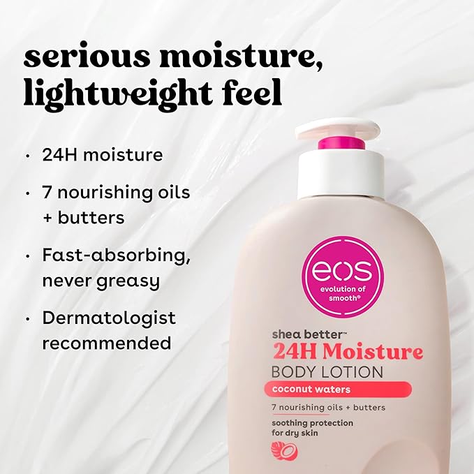eos Shea Better Body Lotion Coconut Waters, 24-Hour Moisture Skin Care, Lightweight & Non-Greasy, Natural Shea, Vegan, Coconut Body Lotion, 16 fl oz