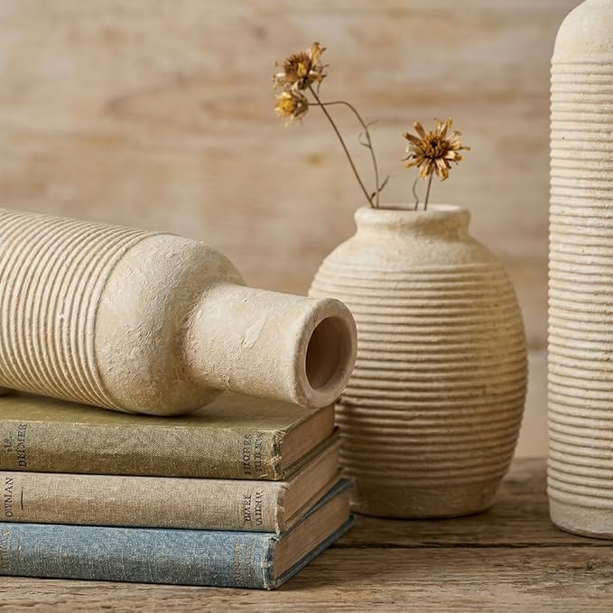 Rustic Farmhouse Vase Set of 3 - Ceramic Decorative Vases Home Decor - Pampas Grass Dried Fresh Flowers - for Centerpiece, Table, Mantel Entryway, Kitchen, Bedroom (White2)