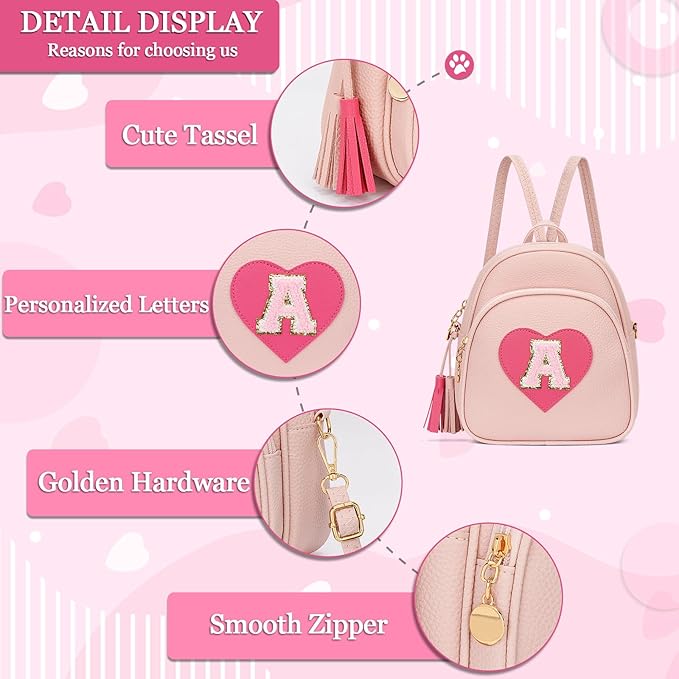 Valentines Day Gifts for Kids Gifts for Girls Little Girl Initial Mini Heart Backpack Purse Crossbody Bag with Tassel，Pink-A