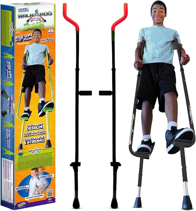 Geospace Adjustable Walkaroo Xtreme Steel Stilts for Kids - Indoor/Outdoor Play, Exercise, Steel Stilts for Adults- Up to 250 lbs, Height Adjustable Walking Stilts, Kids Stilts - Black