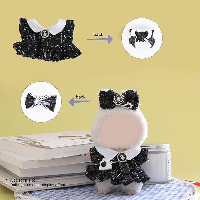 17cm Doll Clothes Set and Accessories Suit,(NO Doll) 3-Piece Set, Clothes for Labubu, Little Fragrant Style, Dolls Keychain Accessories, Includes Dress, Matching Hair Bow, Bags(Black)