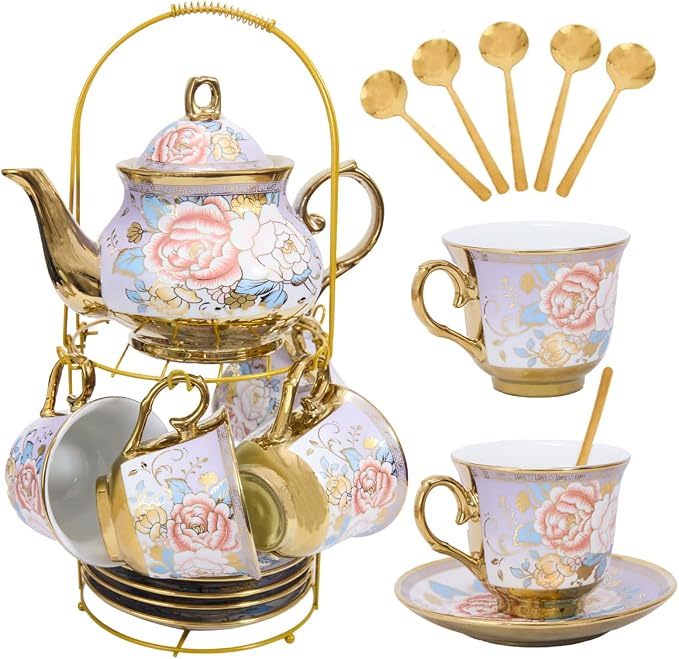CHANJOON Gold Plated Red Rose Ceramic Tea Set, Vintage Tea Sets with Teapot, Beautiful Tea Set Coffee Serving 6 People (Purple, X Large)