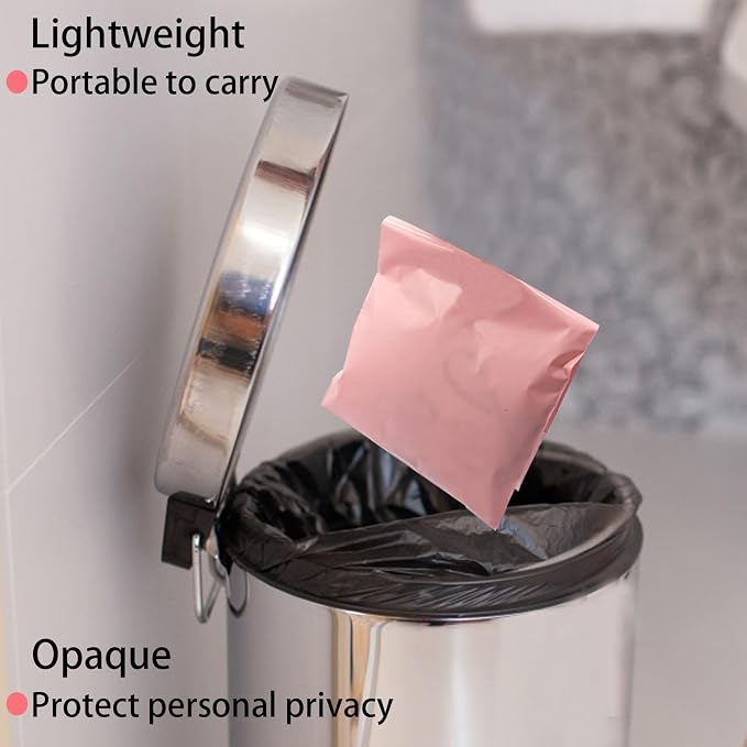 Sanitary Napkin Disposal Bags Feminine Hygiene Bags,100Pcs, Pink, 5.9x9.8IN | Disposable Period Trash Bags, 1.67 Mil Thickness, Self-adhesive, For Pads and Tampons, Blocks Odors
