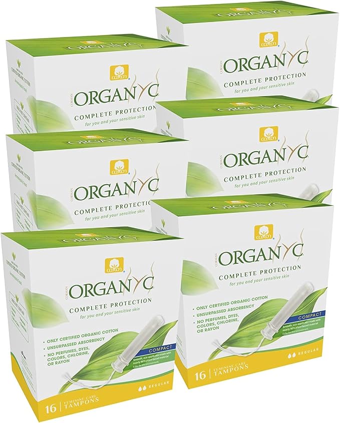 Organyc 100% Certified Organic Cotton Tampons, Plant-Based Eco-Applicator, Regular Flow, 16 Count (Pack of 6)