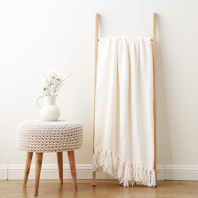 BATTILO HOME Cream Throw Blanket for Couch, Knit Throw Blanket, 50"x60" | Ivory Throw Blanket for Bed, Warm Decorative White Blanket Throw for Home Decor