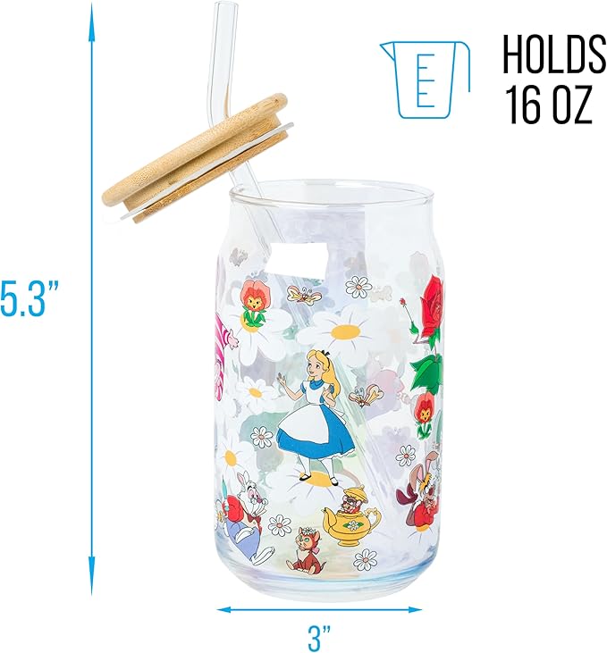 Silver Buffalo Disney Alice in Wonderland Wild Flower Glass Tumbler with Bamboo Lid and Glass Straw Featuring Alice, White Rabbit, Cheshire Cat, Dinah, Dormouse, and March Hare, 16 Ounces