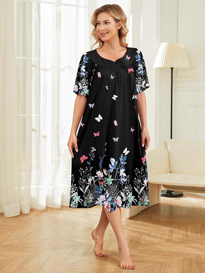 House Dresses for Women with Pockets Moo Moo Nightgown Short Sleeve Mumu Dress Lounge Dress S-3XL