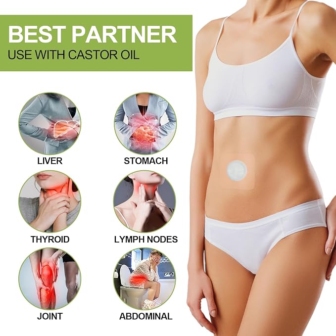 STFOCE 50pcs Castor Oil Patches, Castor Oil Belly Button Patch, Organic Cotton Self-Adhesive Pads for Stomach, Anti Leakage, Breathable, No Wash, Portable 3.2×3.2 Inch (Transparent)