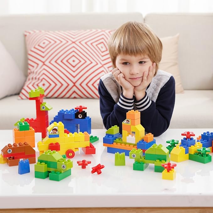 burgkidz 214-Piece Large Building Blocks for Toddlers with Storage Bucket – Big Bricks Compatible with Major Brands – STEM Educational Toys for Kids Ages 2-6, Boys & Girls (Classic Colors)