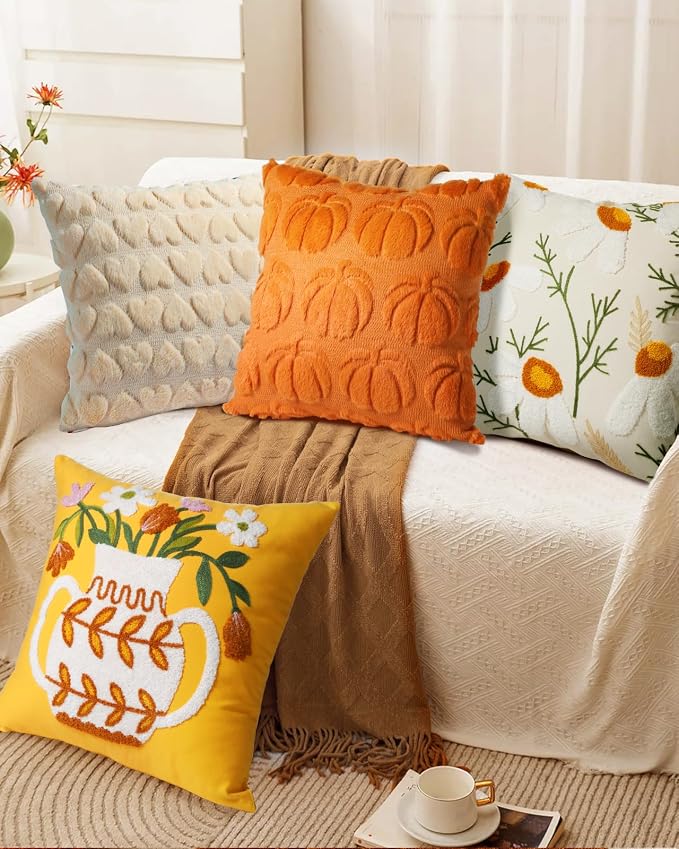 Embroidered Throw Pillow Cover - 18x18 Decorative Pillow Cover with Zipper Aesthetic Cute Design Boho Spring Summer Cozy Throw Pillowcase for Living Room Couch Sofa Bed, Floral Vase