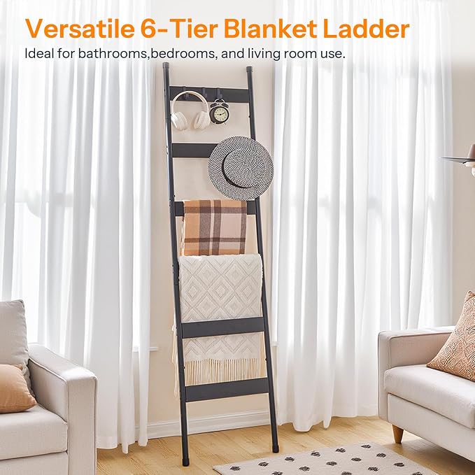 HOOBRO Blanket Ladder, 6-Tier Towel Rack with Hooks, Wall-Leaning Blanket Rack, Decorative Display Ladder Shelf, Scarves, Industrial, Living Room, Bedroom, Black BB66CJ01