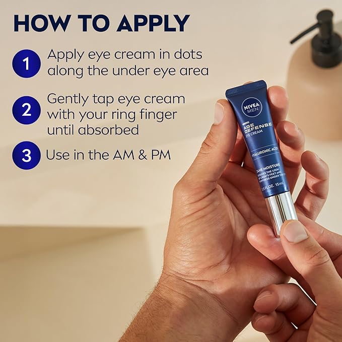 NIVEA MEN Age Defense Eye Cream with Hyaluronic Acid, 24-Hour Hydrating Under Eye Cream for Men Helps Reduce Look of Crow's Feet, Fine Lines and Dark Circles, 0.5 Fl Oz Tube