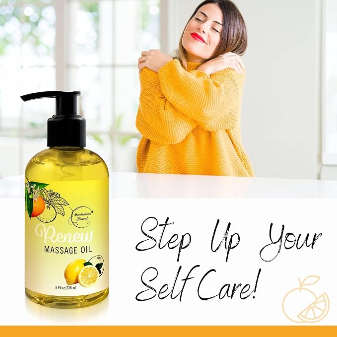 Renew Massage Oil with Orange, Lemon & Peppermint Essential Oils - Great for Massage Therapy or Home use. Ideal for Full Body – with Almond, Grapeseed & Jojoba – by Brookethorne Naturals