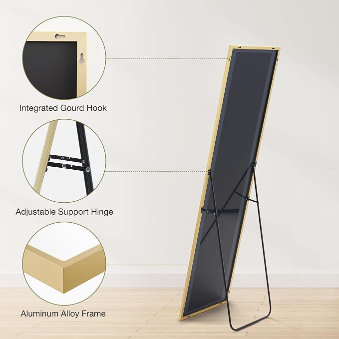 OLIXIS Gold Full Length Mirror for Bedroom, 56"x15" Full Body Mirror | with Stand, Hanging or Leaning for Wall, Aluminum Alloy Thin Frame Floor Standing for Living Room, Long